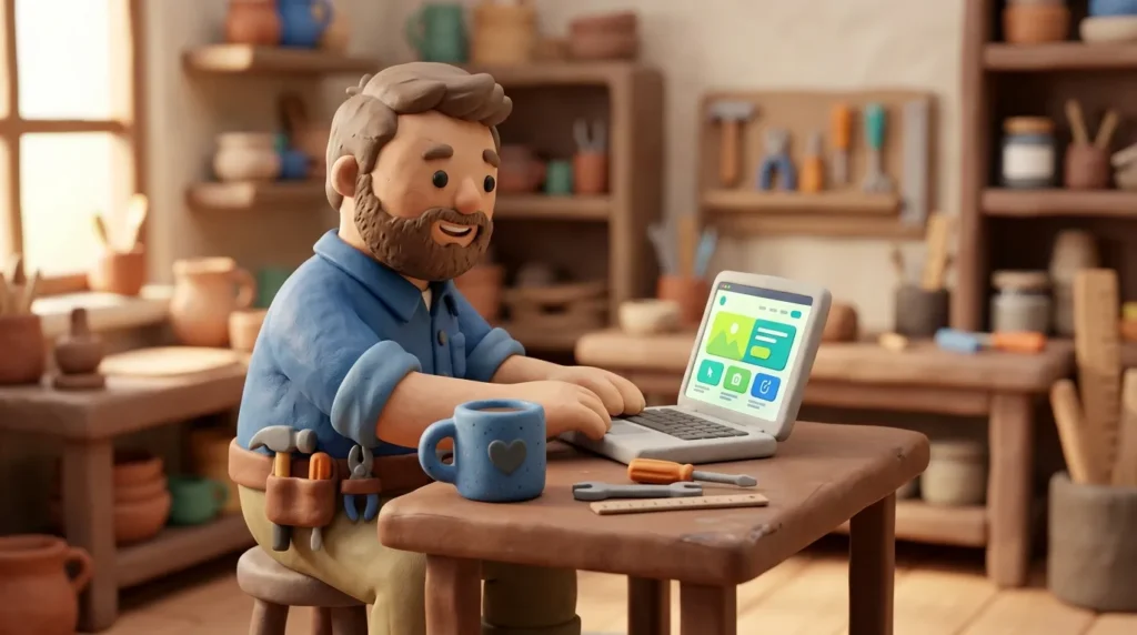 Handwerker schaut auf Laptop und plant seine neue Website am Schreibtisch, Werkzeug im Hintergrund