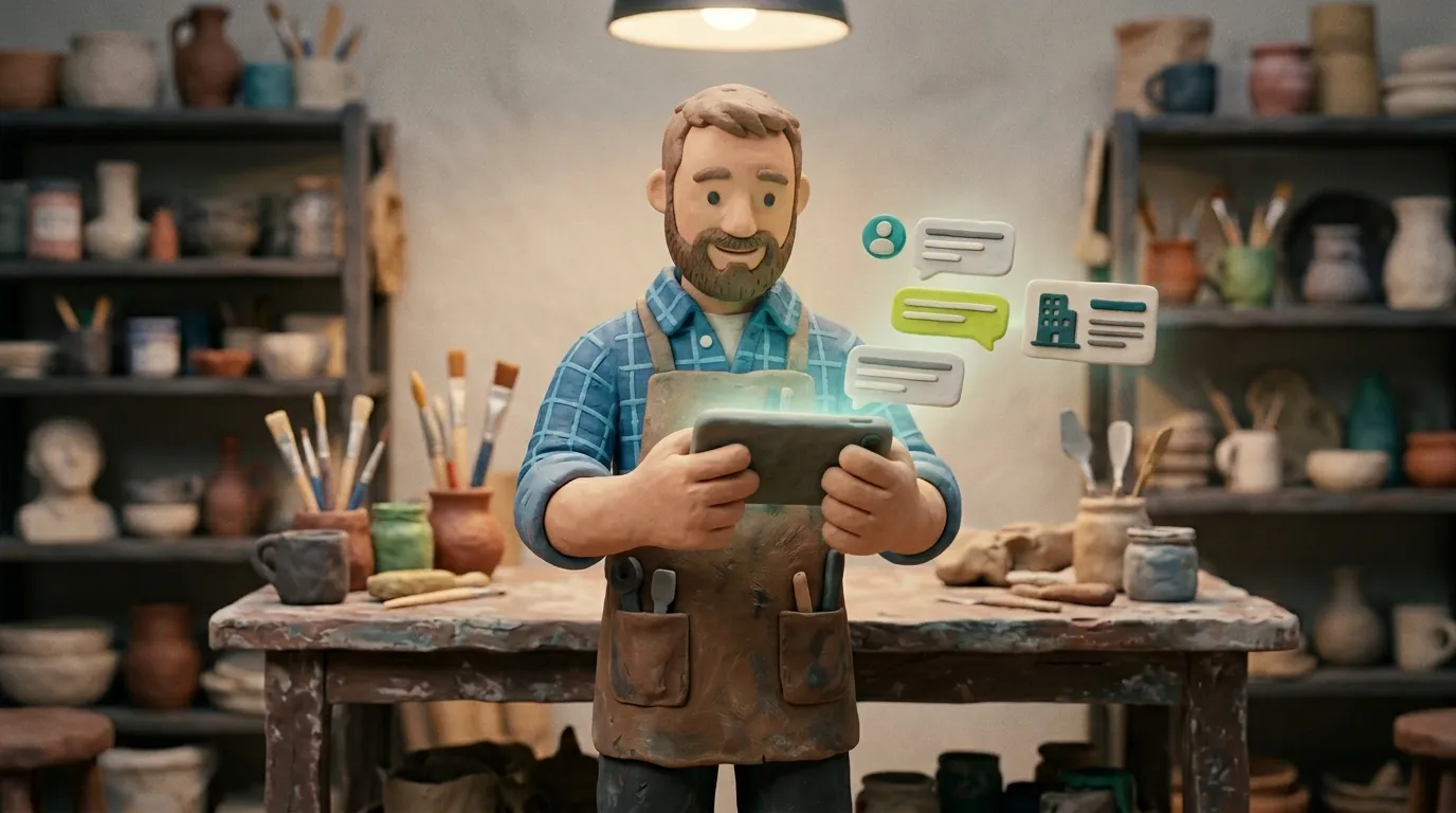 Clay-Handwerker hält Smartphone mit professionellem Business-Chat-Interface in Lime-Grün — symbolisiert WhatsApp Business für Handwerksbetriebe