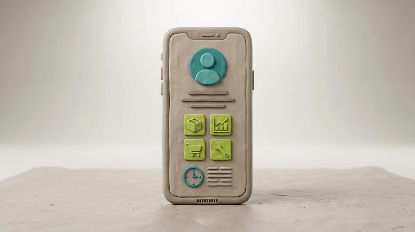 Clay-Smartphone zeigt ein WhatsApp Business Unternehmensprofil mit Betriebsname, Leistungskatalog-Kacheln in Lime-Grün und Öffnungszeiten