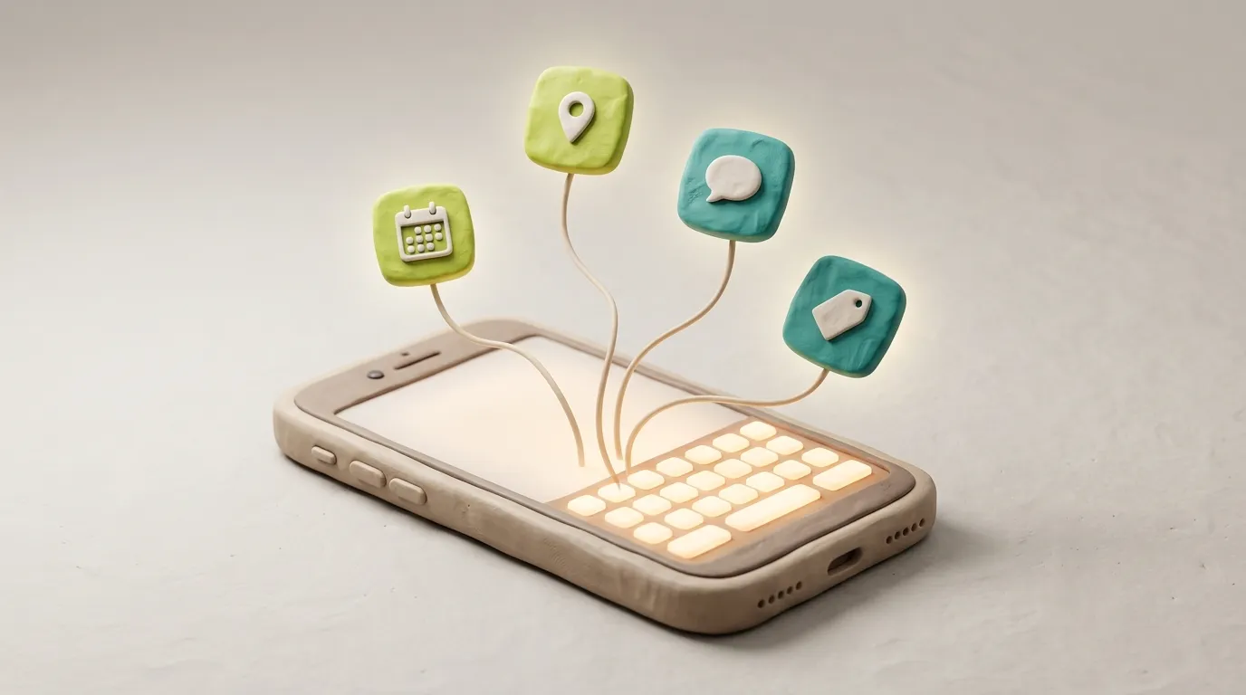 Clay-Smartphone mit Tastatur, darüber schweben Schnellantworten-Kacheln in Lime-Grün und Teal — symbolisiert die Schnellantworten-Funktion von WhatsApp Business